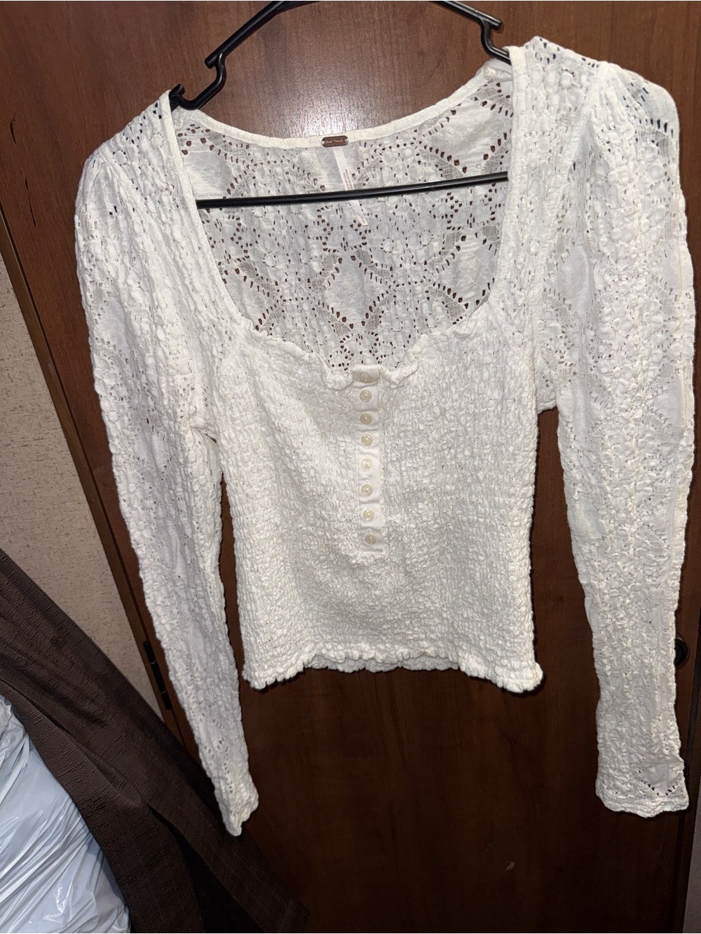 Free People Off-White Crochet Button Henley Long Sleeve Top